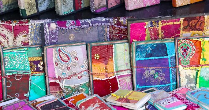 Colorful Hand made Rajasthani style women's purses for sale in Udaipur local markets in Rajasthan, India.