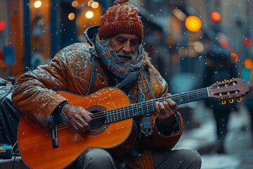 Obraz premium A musician serenading passersby on a busy street corner, filling the air with melodies that uplift the soul. Concept of street performance and cultural enrichment. Generative Ai.