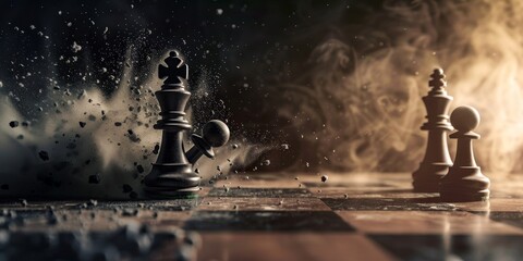 Chess board with pieces in motion, one piece breaking into small particles of dust and smoke.