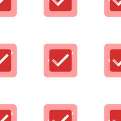 Seamless pattern of large isolated red checkbox symbols. The elements are evenly spaced. Illustration on light red background