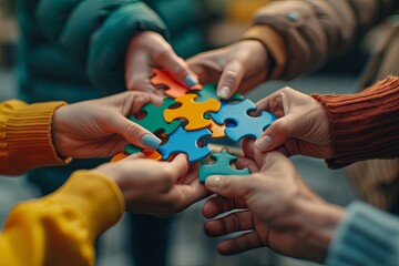 Concept of teamwork and partnership. problem solving, finding a way to implement, brainstorming, team. Hands join puzzle pieces. business people together. Charity, volunteer. Unity, team business.