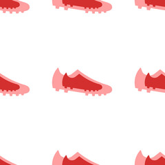 Seamless pattern of large isolated red football boot symbols. The elements are evenly spaced. Illustration on light red background
