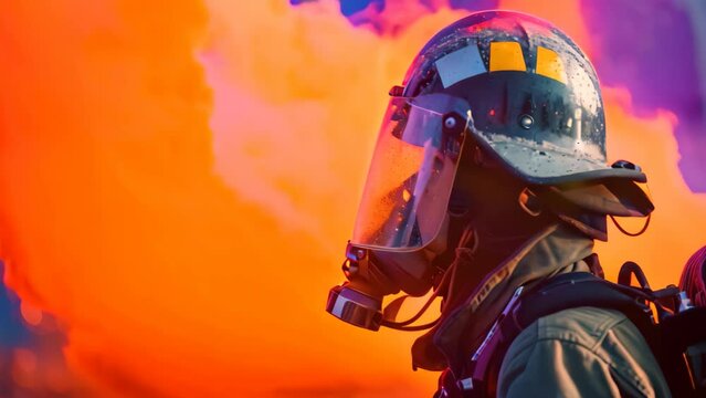 A firefighter in full gear wearing a helmet and breathing apparatus stands in front of a raging fire, Firefighter in full gear getting ready to extinguish a massive fire