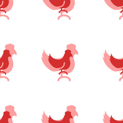 Seamless pattern of large isolated red chicken symbols. The elements are evenly spaced. Illustration on light red background