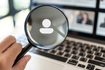 Person holding a magnifying glass over a laptop with a job listing icon floating on a white background,