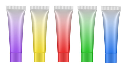 Set of multicolored gradient tubes. 3d mockup. Rainbow palette. Violet, blue, green, yellow and red colors. Hand cream, mask or lotion. Professional shampoo. Plastic bottle.