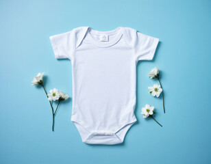 Baby Clothing Store Display, Flat Lay of Adorable White Baby Onesie Surrounded by White Flowers on Blue Background – Newborn Apparel, Baby Fashion, Infant Clothing, Minimalist Design.