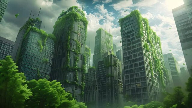 Tall Buildings Surrounded by Trees, Post-apocalyptic cityscape taken over by nature, with ivy-covered skyscrapers