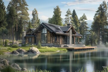 Obraz premium Secluded Lakeside Cabin Home with Natural Wood and Stone Accents