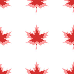 Seamless pattern of large isolated red maple leafs. The elements are evenly spaced. Illustration on light red background