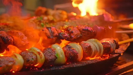 A detailed view of a grill showcasing a variety of skewers filled with delicious food cooking over an open flame, Sizzling hot tandoor with various kebabs lined skewers