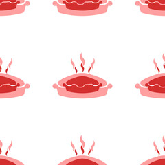 Seamless pattern of large isolated red hot pie symbols. The elements are evenly spaced. Illustration on light red background