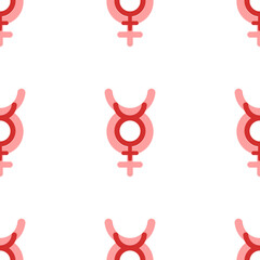 Seamless pattern of large isolated red astrological mercury symbols. The elements are evenly spaced. Illustration on light red background