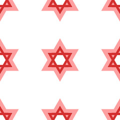 Seamless pattern of large isolated red star of David symbols. The elements are evenly spaced. Illustration on light red background