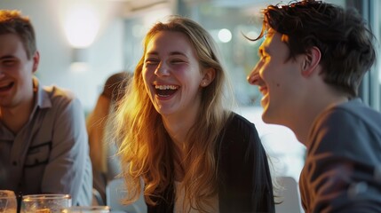 Group of teenagers laughing in school hallway, lockers behind, medium shot, vibrant energy 