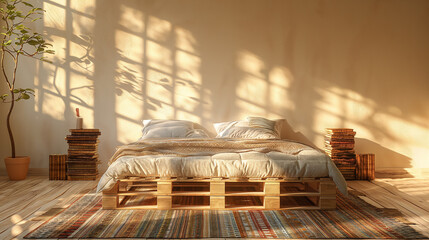 Serene Bedroom with Sunlight Casting Shadows on Cozy Bed and Natural Decor