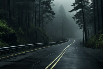 Naklejka premium Tranquil and mysterious journey through the misty forest road, surrounded by winding trees and lush greenery in the foggy morning landscape