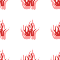Seamless pattern of large isolated red seaweed symbols. The elements are evenly spaced. Illustration on light red background © Alexey