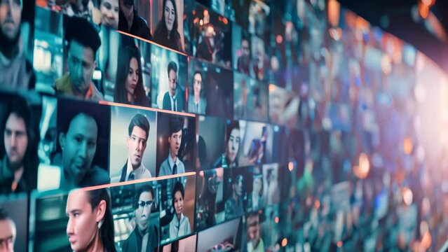 A wall covered with an assortment of photographs depicting individuals from various backgrounds and ethnicities, Visual manifestation of online conferences