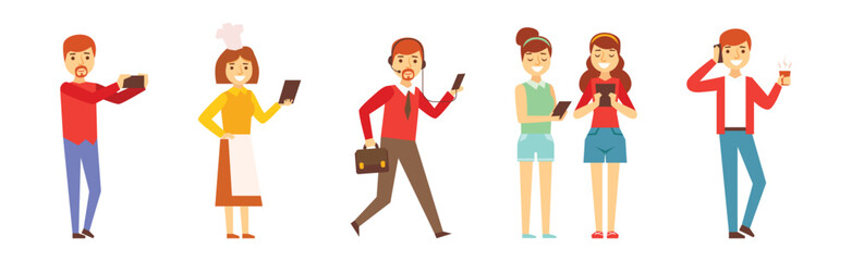 People Character Using Device and Gadget Vector Set