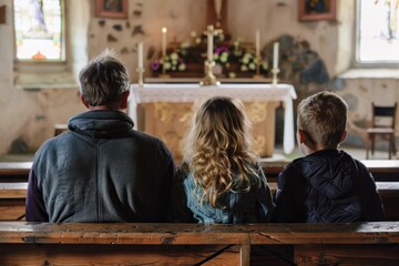 man and his son and daughter sitting on the bench in church and praying together