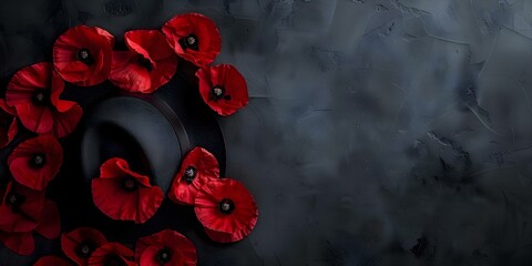 Australian Anzac Day red poppy hat with copy space background. Concept Anzac Day, Tribute Photography, Remembrance, Red Poppy Hat, Copy Space Background