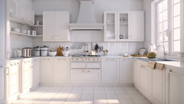 A kitchen featuring pristine white cabinets and white tile flooring, A 3D model of a pristine kitchen with all surfaces wiped down