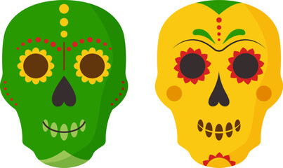 Mexican skull, cute dead head, cartoon male skeleton. Catrina party traditional carnival. Latin holiday set isolated on white background. Spanish celebration vector illustration