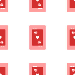 Seamless pattern of large isolated red Three of hearts playing cards. The elements are evenly spaced. Illustration on light red background