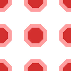 Seamless pattern of large isolated red octagon symbols. The elements are evenly spaced. Illustration on light red background