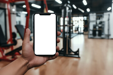 Hand displaying smartphone with empty screen in fitness center