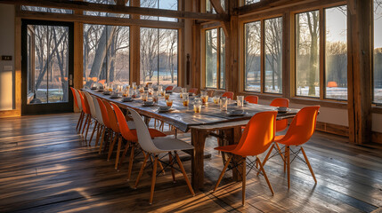 Naklejka premium Cozy Sunset Dining Experience in a Rustic Wooden Cabin Interior