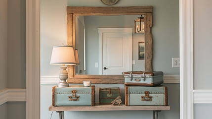 Vintage Suitcases on Wooden Console Table Under Rustic Mirror in Elegant Interior