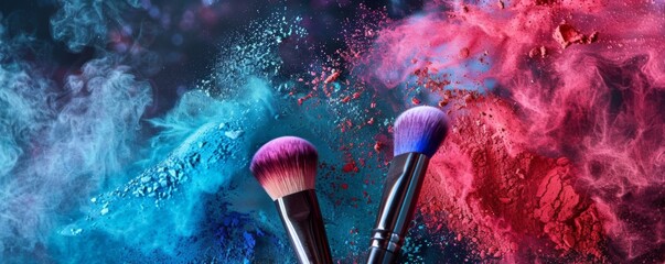 Makeup brushes with blue and pink powder explosion