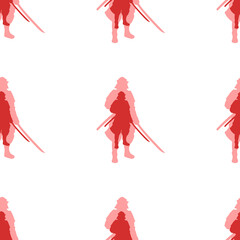 Seamless pattern of large isolated red samurai symbols. The elements are evenly spaced. Illustration on light red background