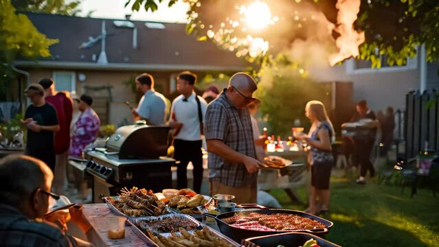 Several individuals gathered around a barbecue grill in a backyard setting, A backyard barbecue with relatives from near and far