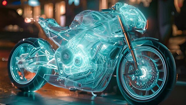 This Lit motorcycle parked on urban street at night. Illuminated Motorcycle in Night