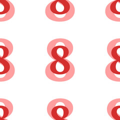 Seamless pattern of large isolated red number eight symbols. The elements are evenly spaced. Illustration on light red background