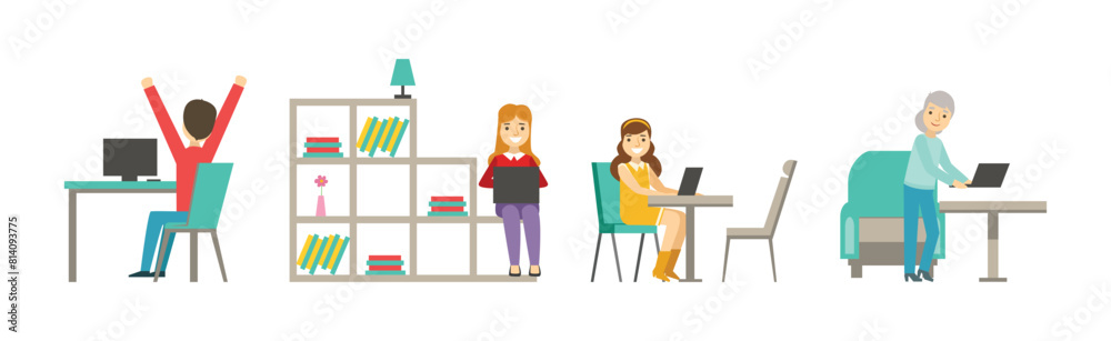 Poster Business Man and Woman Worker and Staff Perform Office Duty Vector Set