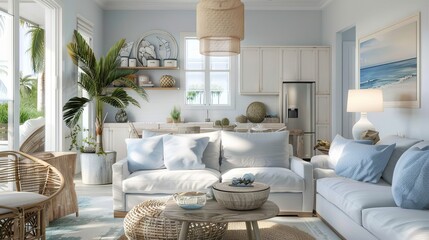 A serene living room inspired by coastal living, featuring light, airy decor, natural textures like rattan 