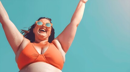 Obraz premium oyful plus-size woman in orange bikini enjoying a sunny blue sky