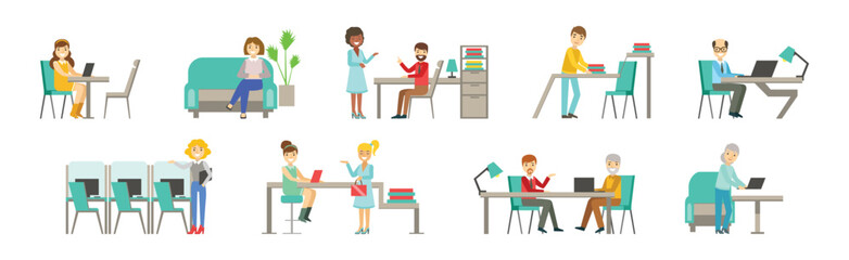 Business Man and Woman Worker and Staff Perform Office Duty Vector Set