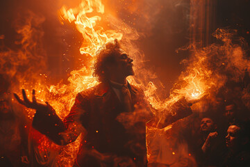 A performer captivating an audience with a spellbinding magic trick, leaving them in awe and wonder. Concept of entertainment and illusion. Generative Ai.