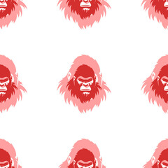 Seamless pattern of large isolated red gorilla head symbols. The elements are evenly spaced. Illustration on light red background