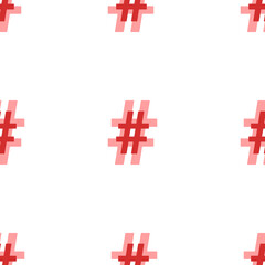 Seamless pattern of large isolated red hash symbols. The elements are evenly spaced. Illustration on light red background