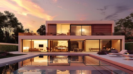 Exterior of modern minimalist cubic villa with swimming pool at sunset. Created with generative 
