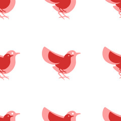 Seamless pattern of large isolated red bird symbols. The elements are evenly spaced. Illustration on light red background