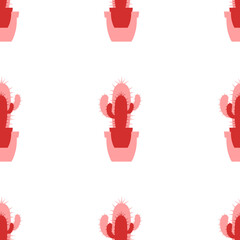 Seamless pattern of large isolated red cactus symbols. The elements are evenly spaced. Illustration on light red background