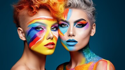 Naklejka premium Two cute young women with painted faces and colorful haircuts and makeup on a dark background 