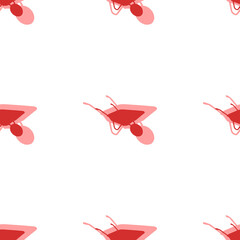 Seamless pattern of large isolated red garden carts. The elements are evenly spaced. Illustration on light red background